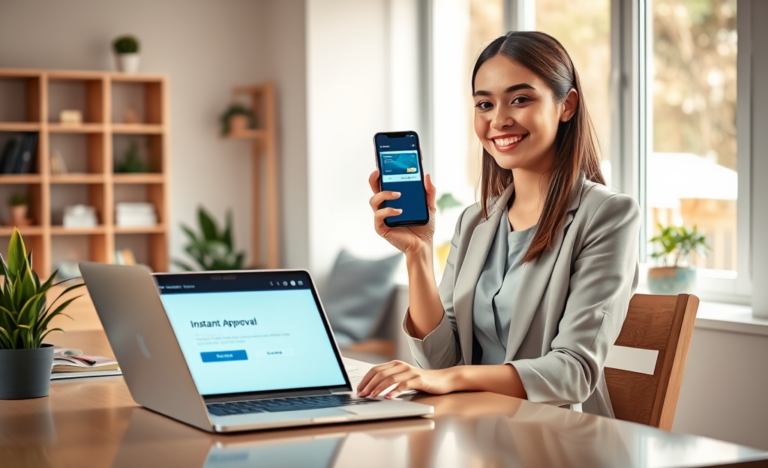 A person celebrating after receiving instant approval for a credit card online.