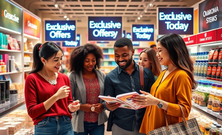 A vibrant collage showcasing various exclusive offers and discounts available today, featuring jewelry and skincare products.