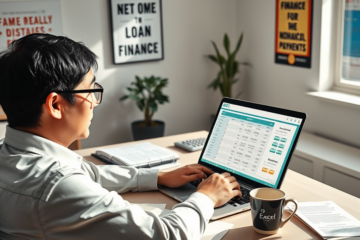A person using a calculator and laptop to simulate a loan process.