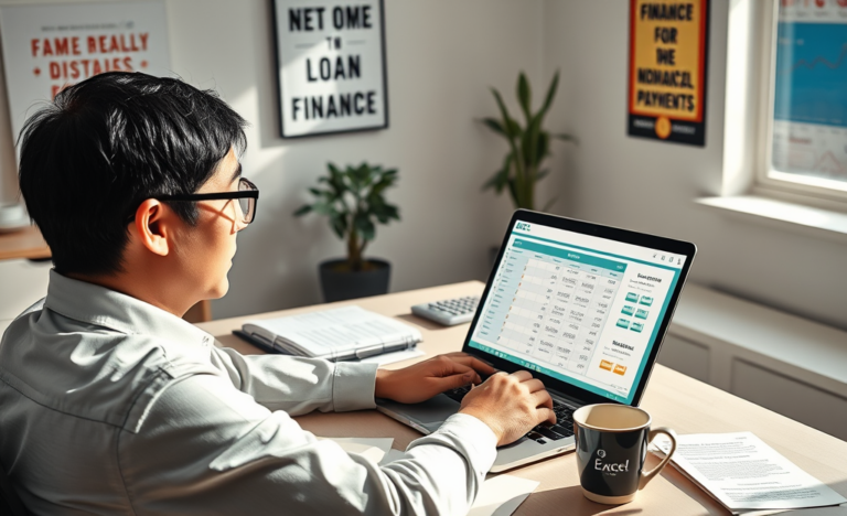 A person using a calculator and laptop to simulate a loan process.